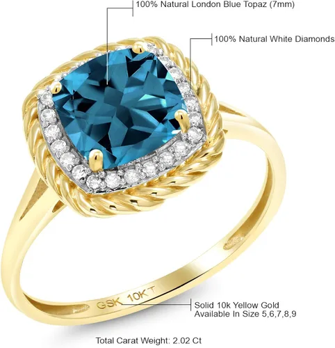 Vista 7 de Gem Stone King Anillo para mujer de oro amarillo de 10 quilates con topacio azul y diamante blanco de Londres