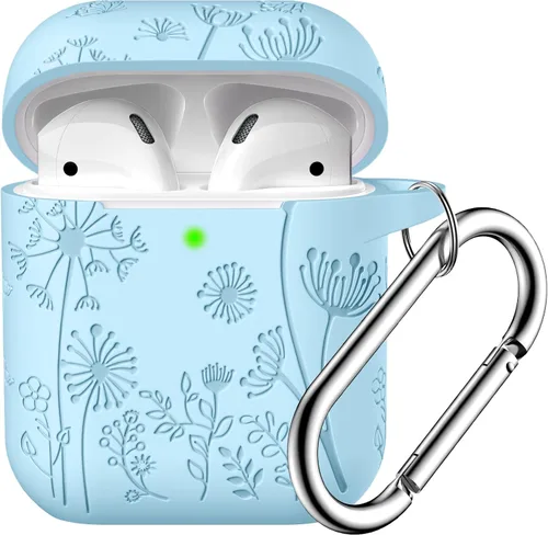 Vista 26 de Lerobo - Funda con grabado de flores para carcasa de AirPod, protector de silicona suave y elegante con llavero compatible con carcasa de carga