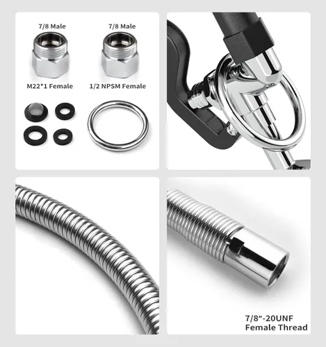 Vista 5 de Pulverizador de fregadero comercial con manguera de acero inoxidable de 45 pulgadas, pulverizador de preenjuague de 1.42 GPM, rociador de platos