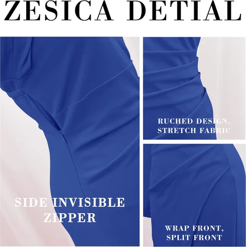 Vista 4 de ZESICA Vestido de cóctel de manga larga con un hombro descubierto para mujer, sexy, con abertura alta, fruncido, entallado, para invitados de boda