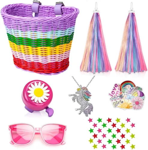 Vista 7 de Cesta de bicicleta para manillar para niñas con collar de unicornio, campana, serpentinas, cuentas de rueda, lentes de sol, calcomanías, juego