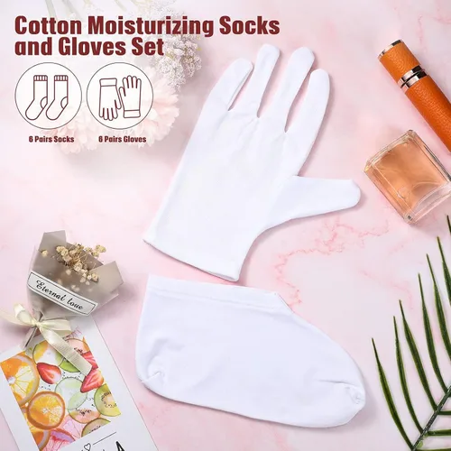 Vista 2 de Geyoga Juego de calcetines y guantes hidratantes, 6 pares de calcetines de spa y 6 pares de guantes blancos para manos y pies secos y agrietados