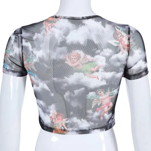 Vista 3 de HitZoom Blusa corta de malla con bordado de diablo transparente para mujer