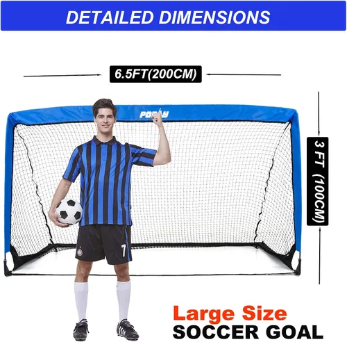 Vista 2 de Portería de fútbol portátil de Poray con red emergente para niños y adultos con tela Oxford de 210D y estacas extra, regalo de cumpleaños