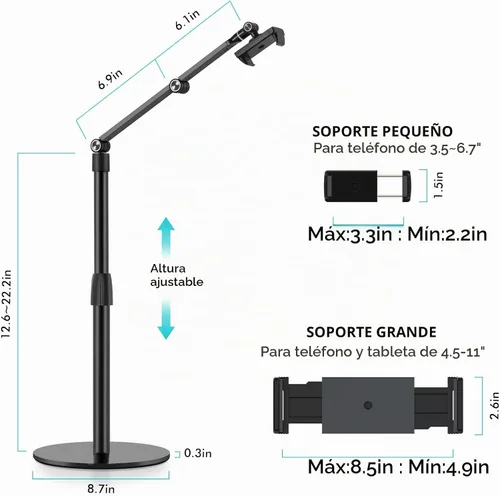 Vista 4 de Viozon Soporte superior para teléfono tableta, altura y ángulo de 360 grados ajustable, soporte de escritorio de aluminio, compatible con teléfono