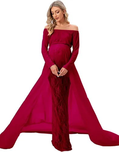 Vista 3 de ZIUMUDY Vestido de sesión de fotos de maternidad de manga larga con hombros descubiertos, vestido de encaje ajustado con capa larga de gasa trian