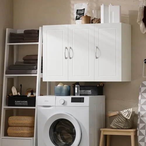 Vista 12 de Haotian Armario de pared para cuarto de lavado, gabinete de medicinas de almacenamiento para baño, cocina, garaje, torre de lino para baño, gabinete