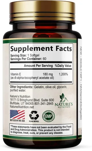 Vista 9 de Vitamina E de 180 mg por porción – Vitaminas E DL-Alfa, suplemento dietético rico en antioxidantes para la piel, el corazón y el apoyo inmunológico