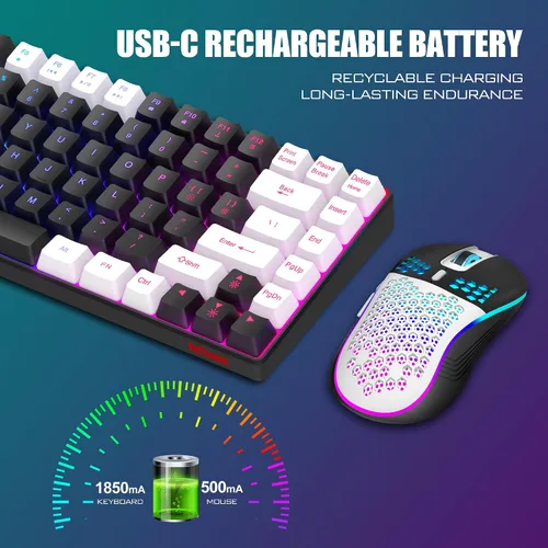 Vista 5 de RedThunder Combo de teclado y mouse inalámbricos K84, batería recargable retroiluminada arco iris, 75% de diseño TKL ultra compacto teclado