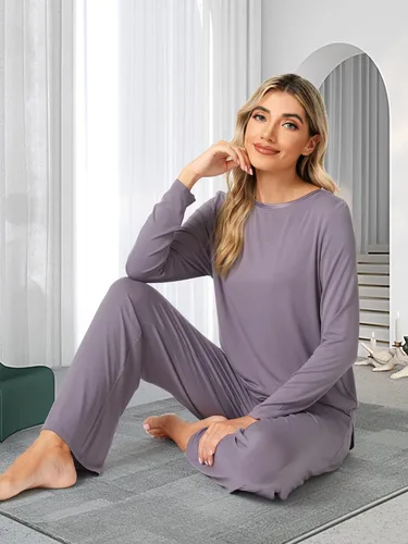 Vista 4 de WiWi Bamboo Viscose Pajamas Set for Women Soft Long Sleeve Pj Sleepwear Knit Jammies Pants Lounge Sets Loungewear S-XXL