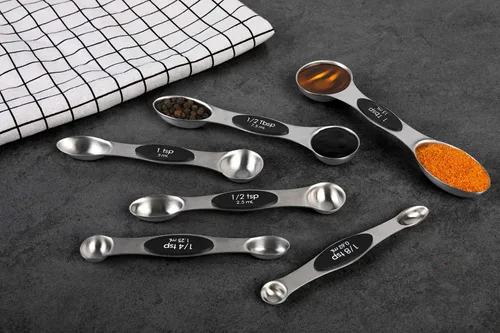 Vista 6 de Juego de cucharas medidoras magnéticas de acero inoxidable de doble cara apilables, cucharadita y cucharada para medir ingredientes secos y líquidos