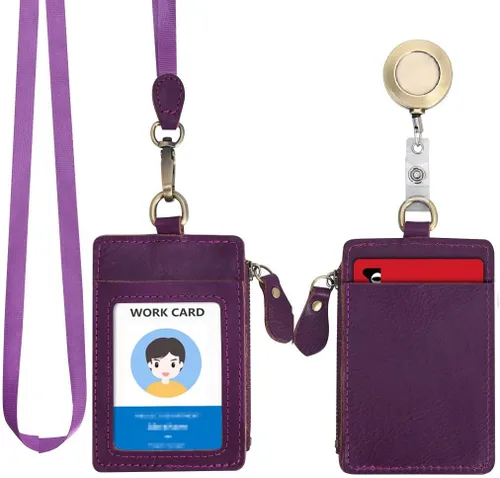 Vista 10 de Wonderpool Soporte de cuero para tarjetas de identificación con bolsillo con cremallera, ranuras para tarjetas, cordón desmontable para el cuello