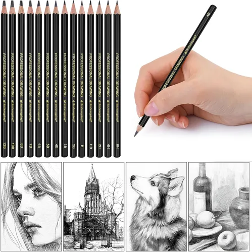 Vista 3 de Juego de lápices de dibujo para dibujo, paquete de 14 unidades, grafito, para arte, kit de lápices para bocetos, sombreado, lápices de artista