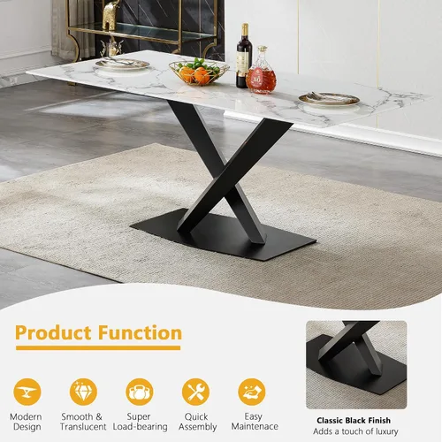 Vista 4 de Juego de mesa de comedor de mármol blanco para 4, 70 pulgadas, mesa de comedor de mármol blanco con 4 sillas de terciopelo beige y base de acero al