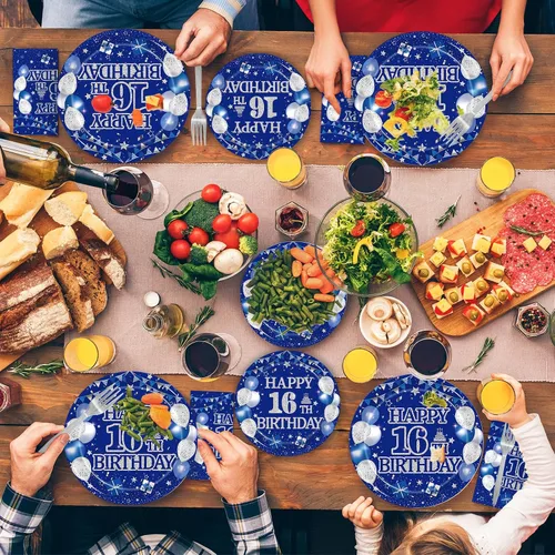 Vista 7 de Kepeel Juego de vajilla de 96 piezas para fiesta de 16º cumpleaños, decoraciones y suministros azul y plateado Feliz 16º Cumpleaños para niños