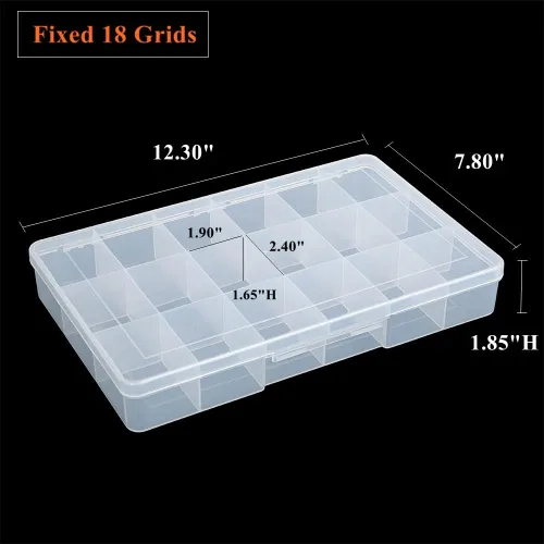 Vista 2 de Paquete de 2 cajas fijas de plástico transparente con compartimento de 18 rejillas, organizador transparente con tapa para cuentas, botón, hardware