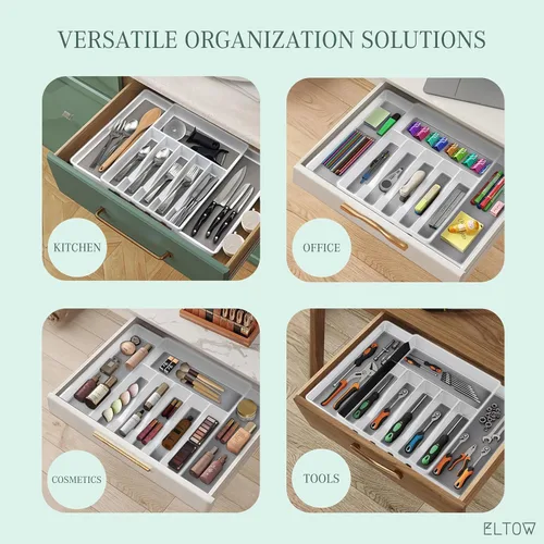 Vista 6 de ELTOW Organizador grande de cubiertos expandible, 8 compartimentos antideslizante y ajustable, organizador de cubiertos para cajón, organización