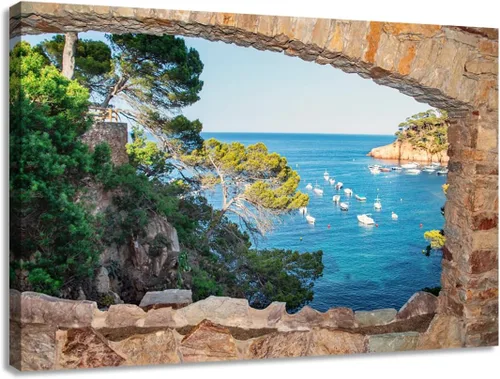 Vista 9 de Woxfcart Lienzo decorativo para pared, diseño de palmera de playa, ventana falsa, océano tropical, paisaje natural, impresiones de imágenes