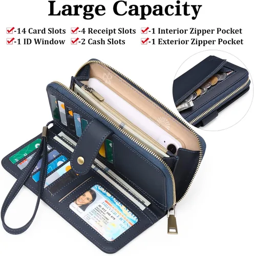 Vista 2 de GAEKEAO Cartera de mano para mujer, con bloqueo RFID, de piel, de gran capacidad, con correa de mano