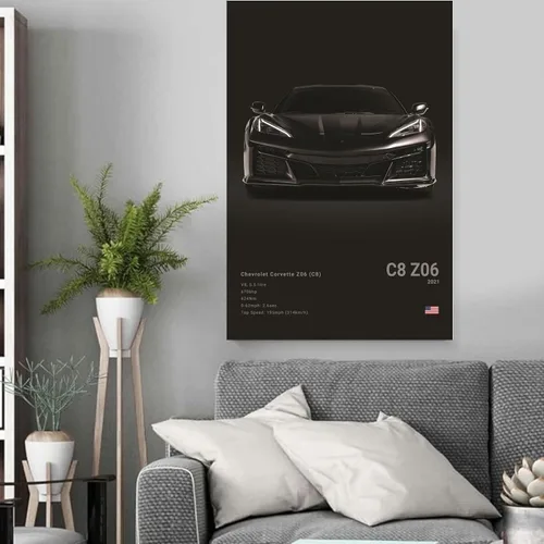 Vista 3 de Póster de Supercar Corvette C8 Z06 Póster de Carreras Pintura de Pared Lienzo Pintura Pósteres Regalo de Cumpleaños Impresiones Imágenes para Negro