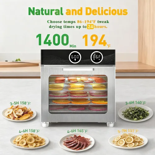 Vista 6 de Food Dehydrator Fruit Dryer Machine, Adjustable Temperature & 12H Timer Dehydrator Machine with 8 Stainless Steel Trays, 800W Jerky Dehydrator for