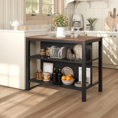 Vista 2 de Polibi Juego de isla de cocina de 3 piezas con 2 taburetes y 2 estantes, juego de mesa de comedor de madera de goma rústica con estantes abiertos