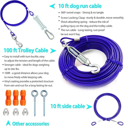 Vista 2 de Sistema de carretilla aérea resistente para perros pequeños a grandes, cable de funcionamiento de 100 pies/75 pies con cable de pasillo de 10 pies