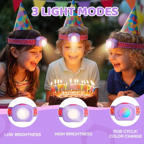 Vista 2 de EverBrite Linterna frontal LED recargable para niños con modo RGB y diadema ajustable, 3 modos multicolor para acampar, leer, explorar, Halloween