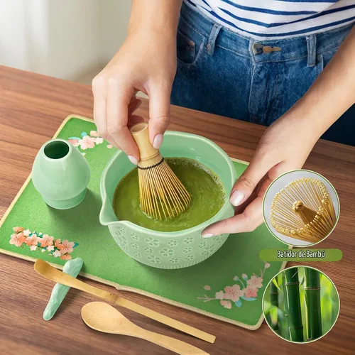 Vista 3 de Juego de batidor de matcha, kit de 7 piezas de fabricación de matcha con cuenco matcha, batidor y soporte de matcha, cuchara de bambú, soporte