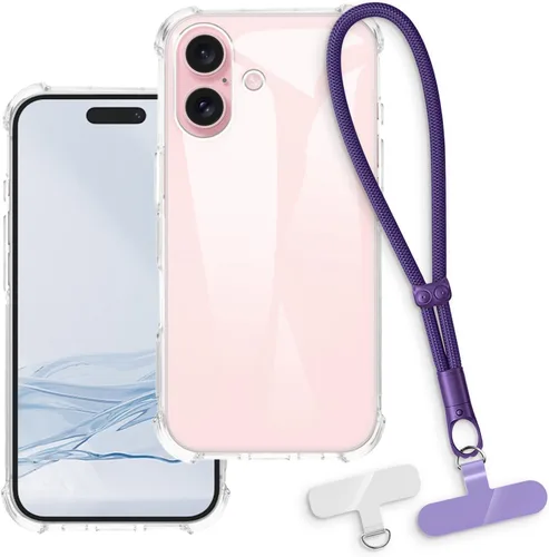 Vista 9 de Funda y correa de muñeca para iPhone 16 - transparente+negro Funda protectora 2 en 1 para teléfono de 6.1 pulgadas con cordón desmontable y Funda