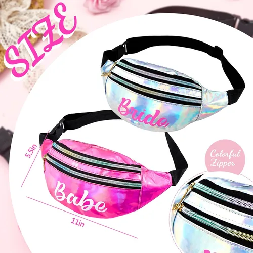 Vista 2 de Riñonera holográfica para despedida de soltera, 12 unidades con cinturón ajustable para boda y novia con cinturón ajustable, Blanco, rosa