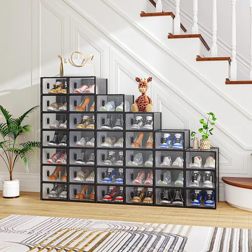 Vista 10 de Paquete de 6 cajas de zapatos apilables de plástico transparente, cajas organizadoras de zapatos con tapas para tenis, estuche para zapatos hasta