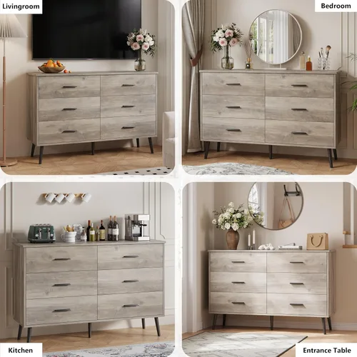Vista 6 de Cómoda para dormitorio, cómoda de 46.5 pulgadas para armario con 6 Gris madera