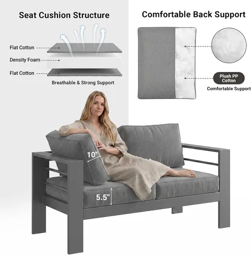Vista 5 de Solaste Sofá de aluminio para patio con mesa auxiliar, juego de 3 muebles de patio con cojines, sofá de exterior para todo tipo de clima