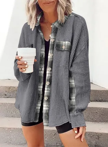 Vista 2 de SHEWIN Chaqueta de punto gofre para mujer, diseño a cuadros, con botones, holgada, de manga larga