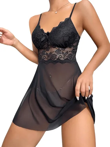 Vista 4 de SOLY HUX Camisón sexy de malla transparente con ribete de encaje para mujer, minivestido de dormir