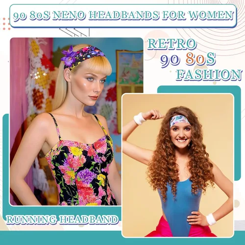 Vista 5 de Paquete de 8 diademas de neón con estampado de los años 80 y 90, accesorios retro de los años 80, trajes de los años 90 para mujeres, banda