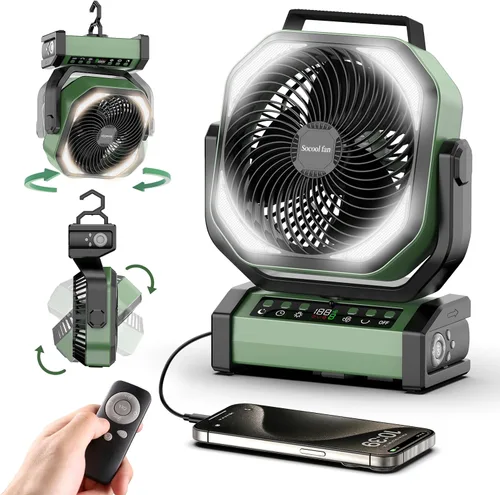 Vista 8 de Socool Ventilador de campamento con luz, ventilador de batería recargable de 20000 mAh, tiempo máximo de funcionamiento de 112 horas, 9 velocidades