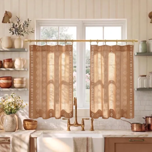 Vista 14 de Cortinas de Cocina Lino Rosa de 24 Pulgadas de Largo, Cortinas para Cocina y Sala Modernas 2024 2025, Negro