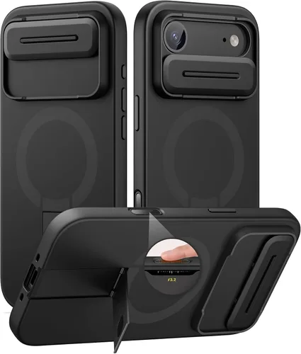 Vista 25 de SURITCH Funda para iPhone 12/12 Pro con cubierta magnética para cámara deslizante y soporte ajustable, compatible con MagSafe, funda protectora Negro