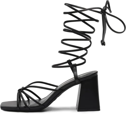 Vista 2 de DREAM PAIRS Sandalias de tacón alto con cordones para mujer, tacón alto cuadrado y puntera abierta, sandalias gruesas para fiestas, viajes y citas