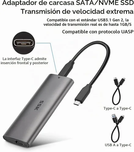 Vista 3 de Carcasa SSD SATA NVMe SSK, lector adaptador M.2 a USB USB-C 3.2 Gen 2 For NVMe & SATA SSD,Tool-Free, M/B+M Key, PCIe 10Gbps / SATA 6Gbps, UASP