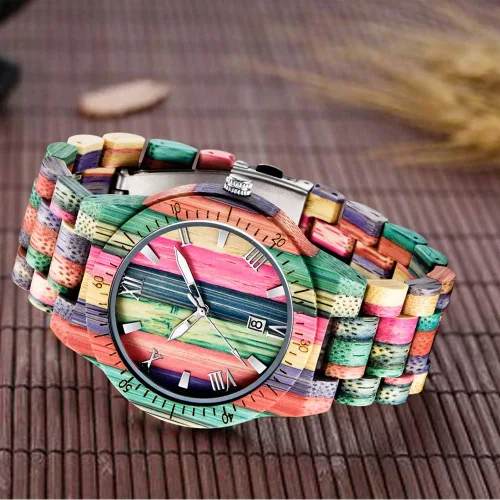 Vista 5 de Tiong Brand Wooden Watches Mens with Handmade Colorful Bamboo Wood Watch Analog Date Quartz Wooden Watch for Men