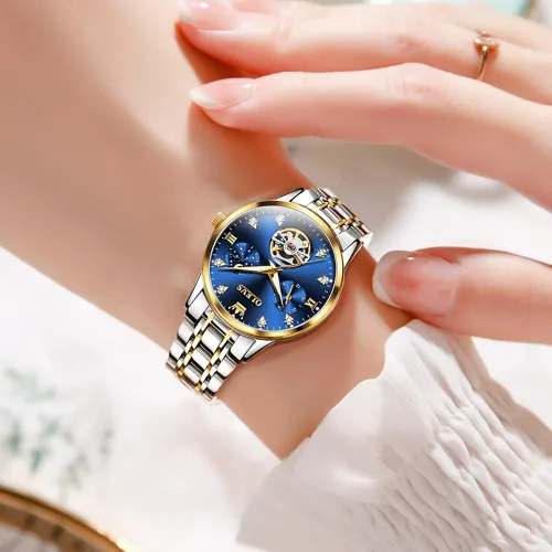 Vista 2 de OLEVS Reloj automático para mujer, de lujo, con cuerda automática, de diamante, de acero inoxidable, de fase lunar, impermeable, esfera azul luminosa
