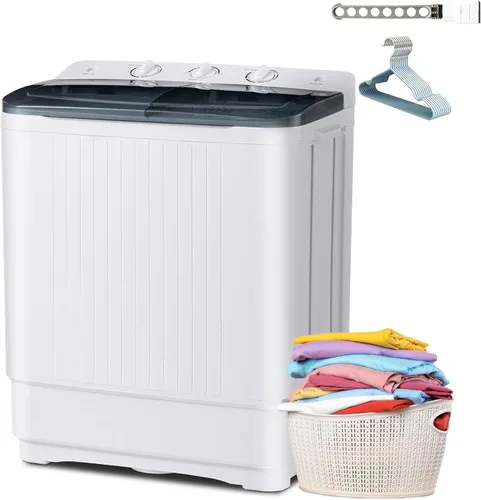 Vista 9 de Erivess - Lavadora portátil de doble tina de 18 libras con estante de secado y 10 perchas, lavadora mini compacta de 11 libras con centrifugadora