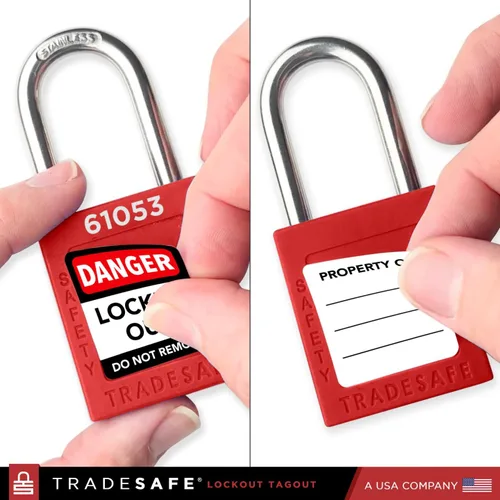 Vista 4 de TRADESAFE Juego de cerraduras de bloqueo - 7 candados iguales con llave roja, 2 llaves por cerradura, cerraduras Loto compatibles con OSHA