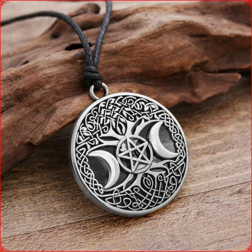 Vista 4 de QIAN0813 Celttic Knot Triple Moon Pentagram Pentacle Star Wicca Pendant Necklace Round Pagan Jewelry