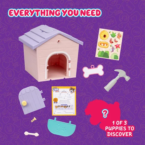 Vista 3 de Little Live Pets Mi casa de mi cachorro Mini Set de juego, Rosa, Perro de juguete con juguetes de casa de perro, Juguete de peluche personalizable