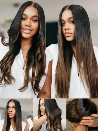 Vista 3 de Nadula - Peluca Yaki de encaje frontal lacio color castaño ombre con cabello humano 13x4 HD, pre arrancada, sin pegamento, con cordón elástico