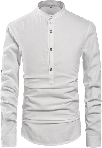 Vista 3 de NITAGUT Camisas de lino de manga larga con cuello Henley para hombre